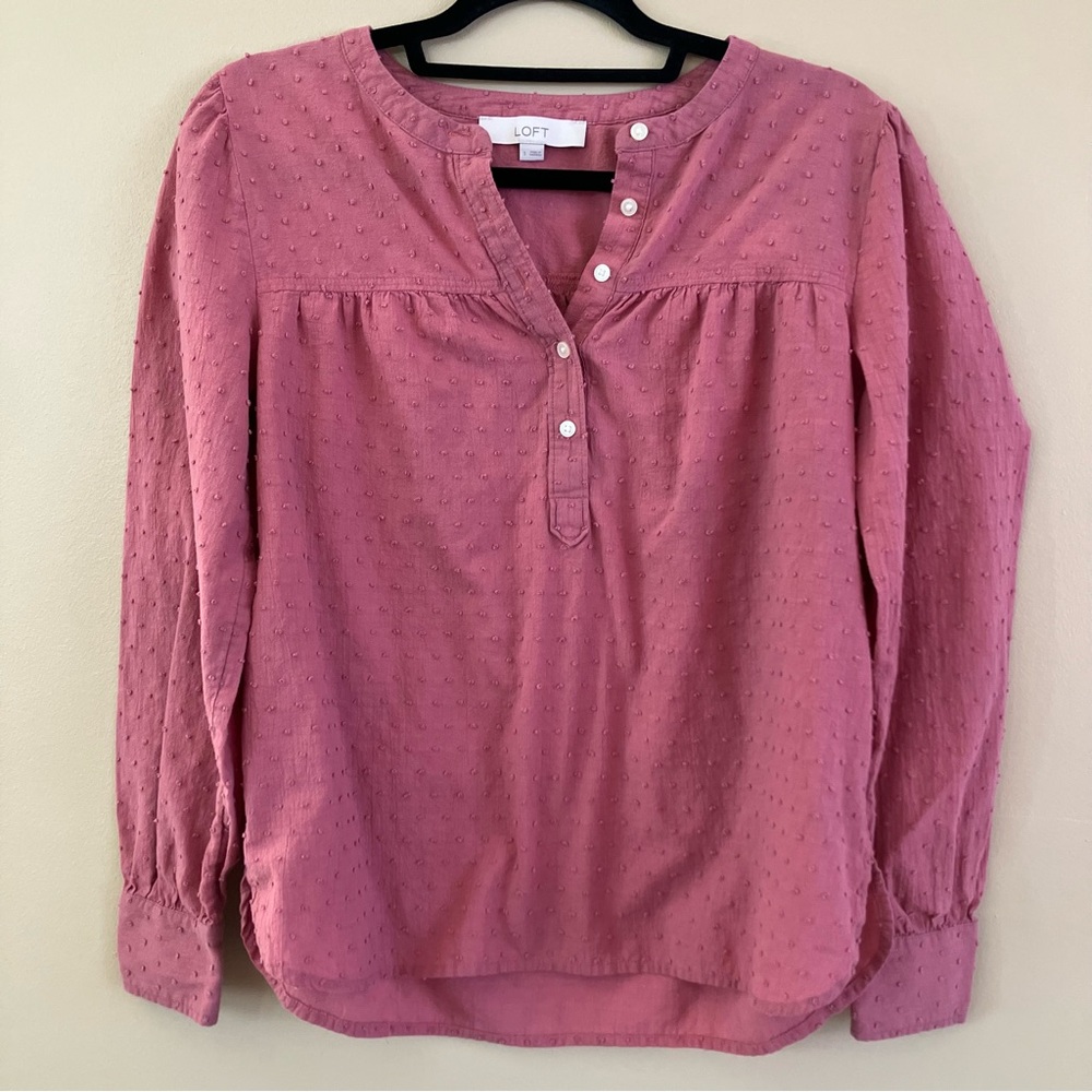 LOFT Women's Rose Button-Down Swiss Dot Henley Woven Blouse